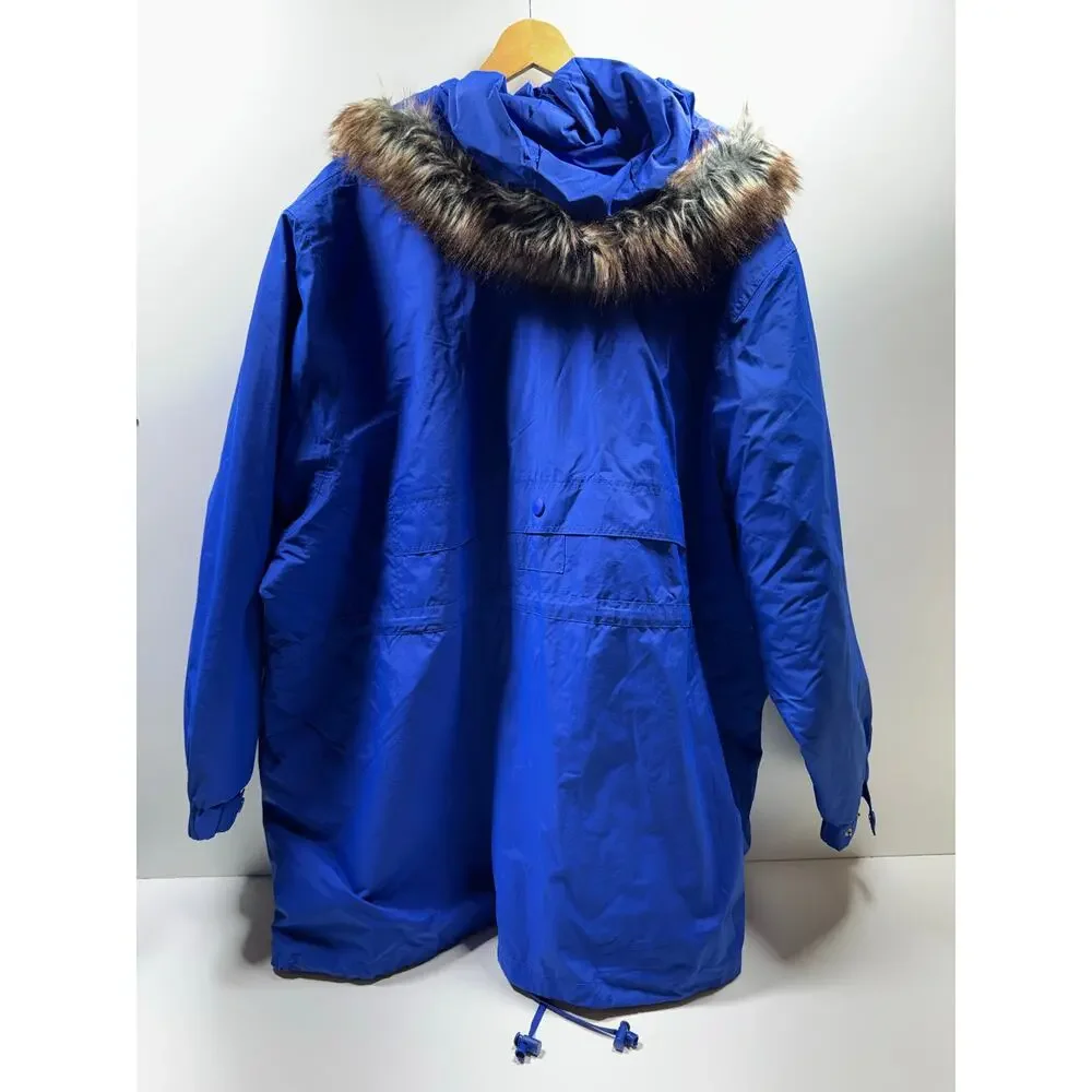 Woman Within Plus Sz Parka Sz 5X 38/40 Blue Full Zip Faux Fur Hood Quilted Liner
